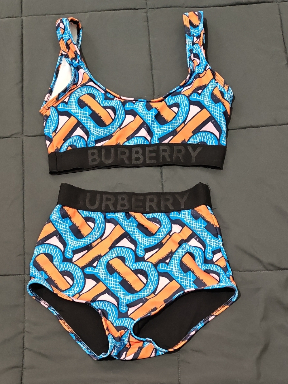 Burberry Blue & Orange Logo Elastic Two-Piece Swim Set